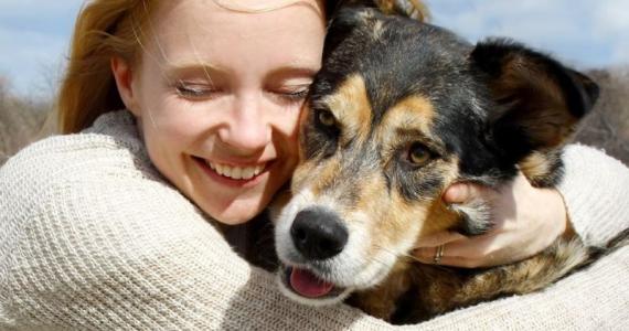 Human and dog cuddling